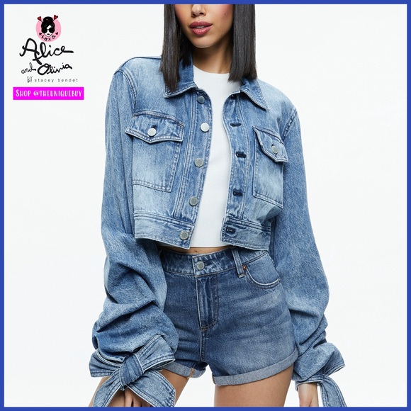 Alice + Olivia Tiff Denim Bow Sleeve Blue Jacket - Picture 1 of 17